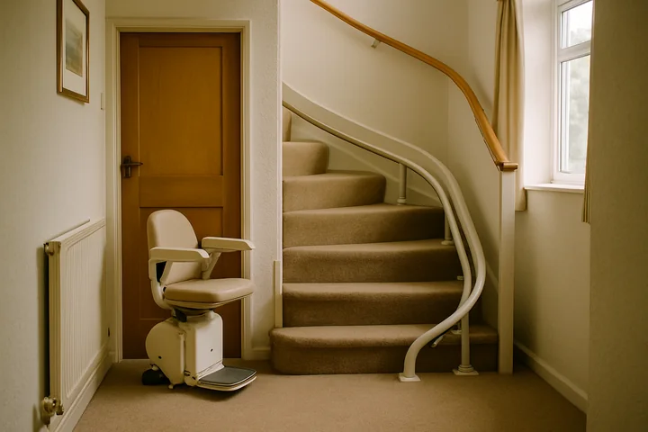 A curved staircase with a custom-made stairlift rail